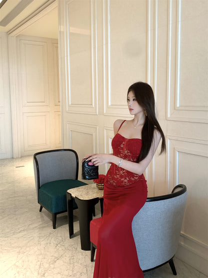 Charming Spaghetti Straps Ruched Chiffon Red Maxi Dress Gorgeous Lace Corset Top Bodycon Fit Long Dress AP1948