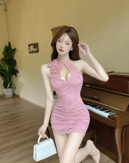 Fashionable Pink Lace Overlay Cutout Mini Skirt Vintage Tie back Bodycon Lace Hem Halter Short Dress AP1949