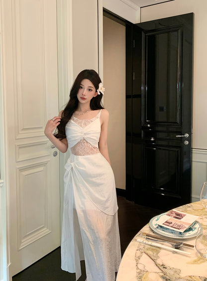 Graceful White Twist Front Lace Cutout High-Slit Maxi Dress Vogue Asymmetric Hem Tulle Layered Evening Occasions Long Dress AP1950