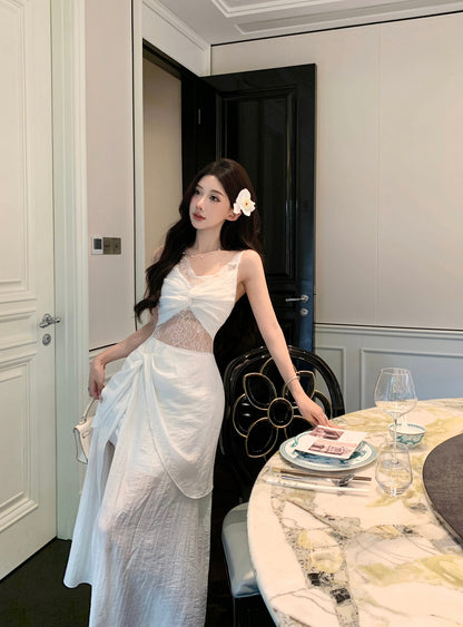 Graceful White Twist Front Lace Cutout High-Slit Maxi Dress Vogue Asymmetric Hem Tulle Layered Evening Occasions Long Dress AP1950