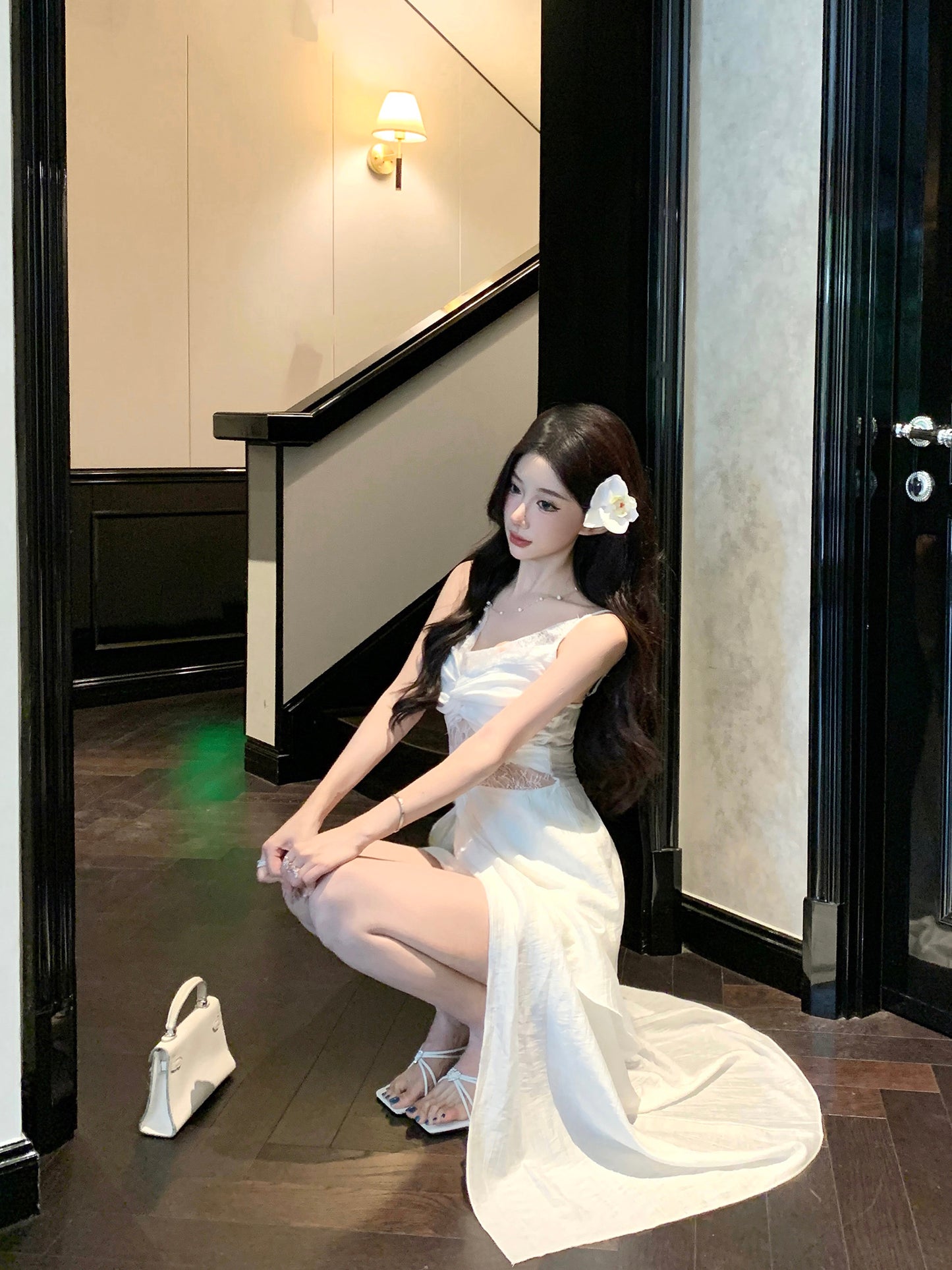 Graceful White Twist Front Lace Cutout High-Slit Maxi Dress Vogue Asymmetric Hem Tulle Layered Evening Occasions Long Dress AP1950