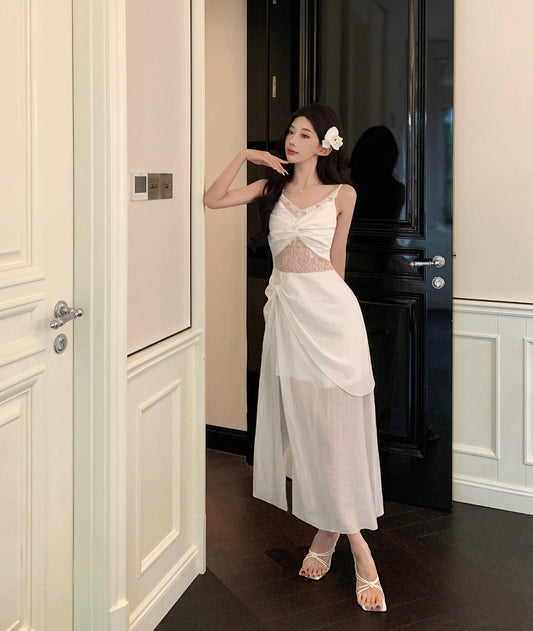 Graceful White Twist Front Lace Cutout High-Slit Maxi Dress Vogue Asymmetric Hem Tulle Layered Evening Occasions Long Dress AP1950