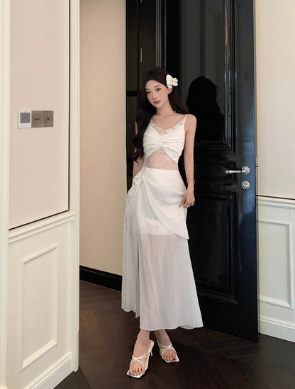 Graceful White Twist Front Lace Cutout High-Slit Maxi Dress Vogue Asymmetric Hem Tulle Layered Evening Occasions Long Dress AP1950