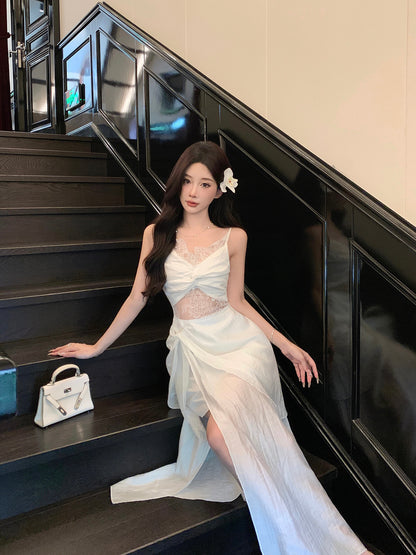 Graceful White Twist Front Lace Cutout High-Slit Maxi Dress Vogue Asymmetric Hem Tulle Layered Evening Occasions Long Dress AP1950