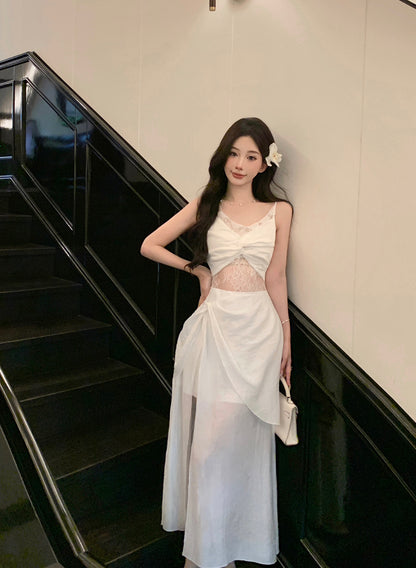 Graceful White Twist Front Lace Cutout High-Slit Maxi Dress Vogue Asymmetric Hem Tulle Layered Evening Occasions Long Dress AP1950