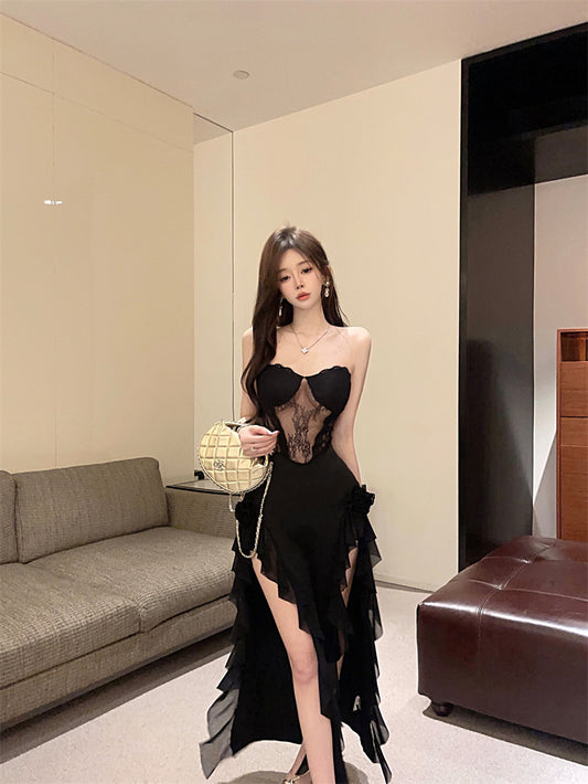 Glamorous Black Strapless Bodycon Ruffles Trim Maxi Skirt Exquisite Lace Inset 3D Flower Accent High Side Slit Long Dress AP1951