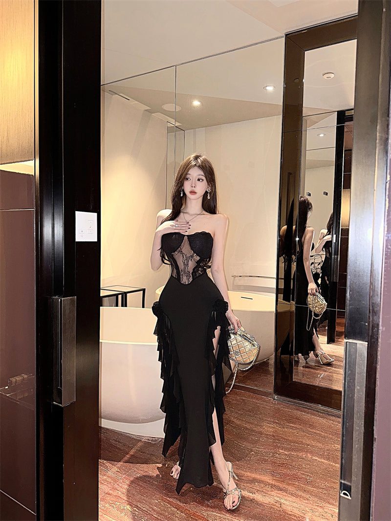 Glamorous Black Strapless Bodycon Ruffles Trim Maxi Skirt Exquisite Lace Inset 3D Flower Accent High Side Slit Long Dress AP1951