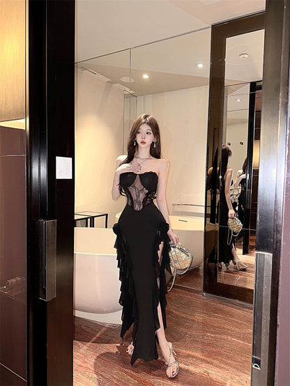 Glamorous Black Strapless Bodycon Ruffles Trim Maxi Skirt Exquisite Lace Inset 3D Flower Accent High Side Slit Long Dress AP1951