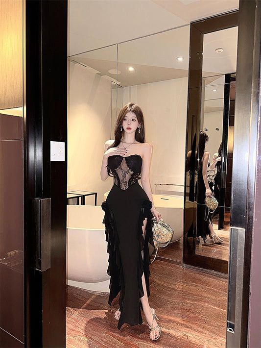 Glamorous Black Strapless Bodycon Ruffles Trim Maxi Skirt Exquisite Lace Inset 3D Flower Accent High Side Slit Long Dress AP1951