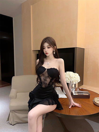 Glamorous Black Strapless Bodycon Ruffles Trim Maxi Skirt Exquisite Lace Inset 3D Flower Accent High Side Slit Long Dress AP1951