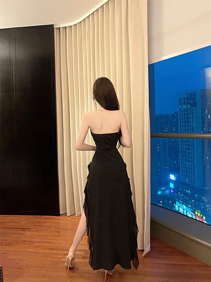 Glamorous Black Strapless Bodycon Ruffles Trim Maxi Skirt Exquisite Lace Inset 3D Flower Accent High Side Slit Long Dress AP1951