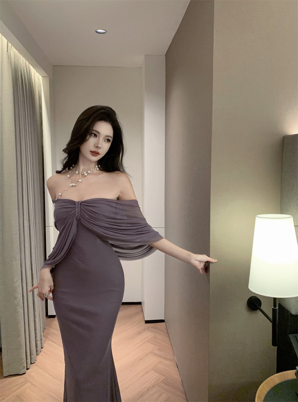 Novelty Convertible Strapless / Off - Shoulder Maxi Skirt Chic Purple Draped Front Night Parties Long Dress AP1952