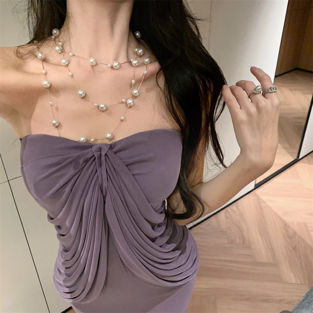 Novelty Convertible Strapless / Off - Shoulder Maxi Skirt Chic Purple Draped Front Night Parties Long Dress AP1952