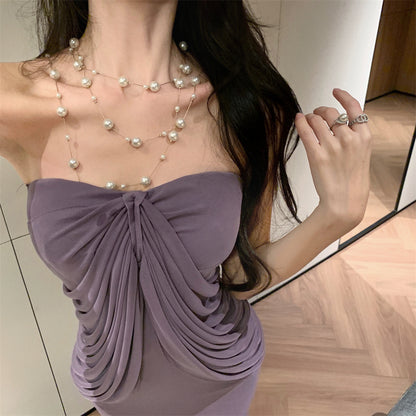 Novelty Convertible Strapless / Off - Shoulder Maxi Skirt Chic Purple Draped Front Night Parties Long Dress AP1952