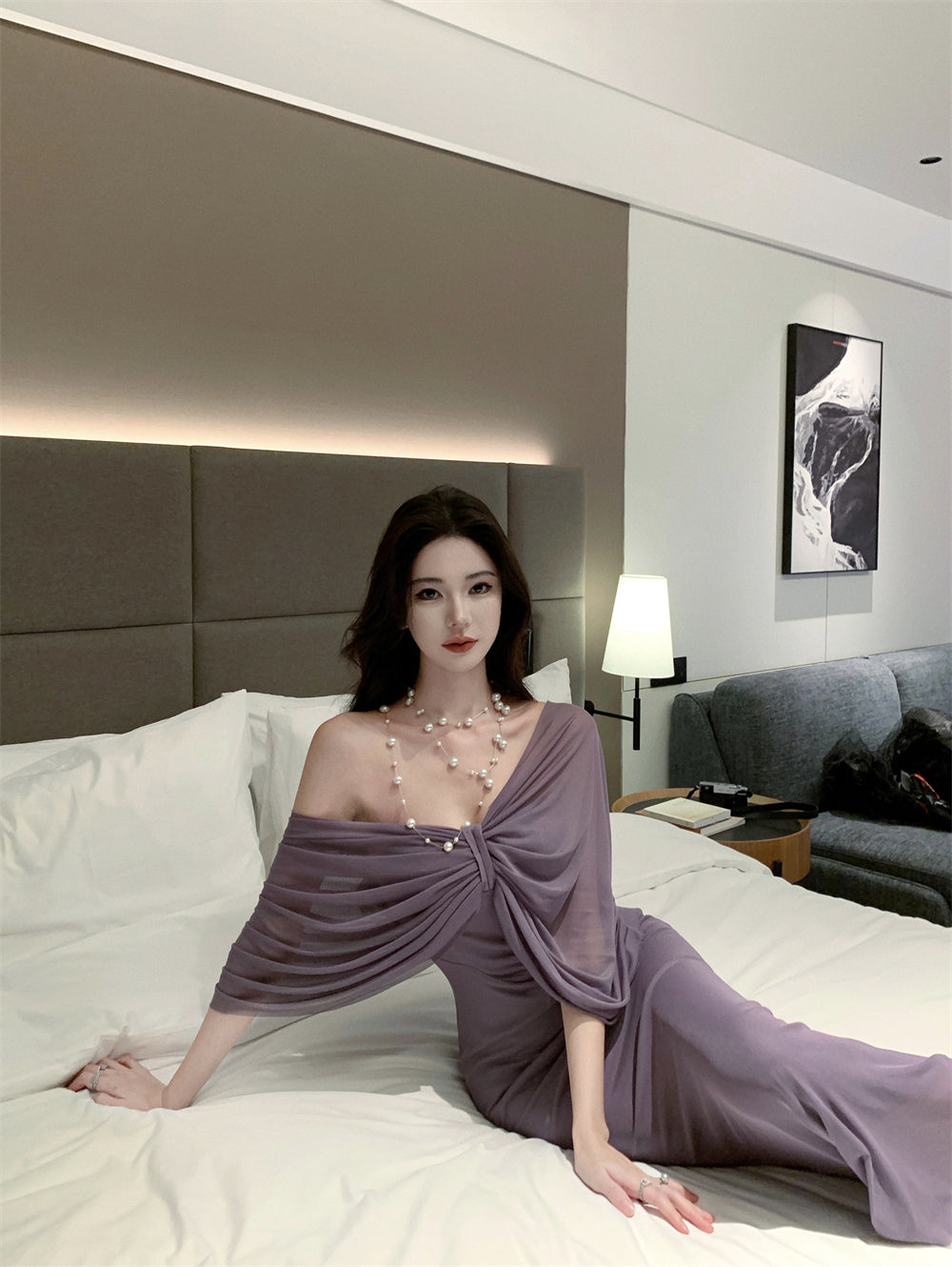 Novelty Convertible Strapless / Off - Shoulder Maxi Skirt Chic Purple Draped Front Night Parties Long Dress AP1952