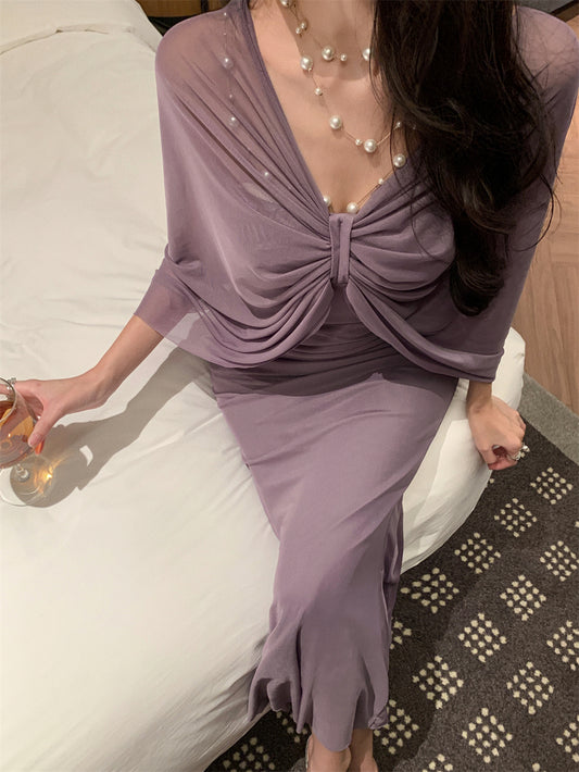 Novelty Convertible Strapless / Off - Shoulder Maxi Skirt Chic Purple Draped Front Night Parties Long Dress AP1952