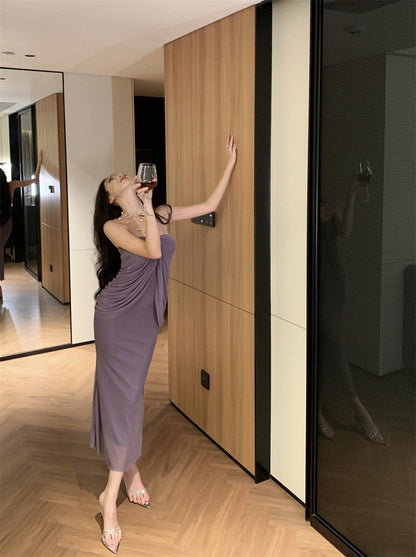 Novelty Convertible Strapless / Off - Shoulder Maxi Skirt Chic Purple Draped Front Night Parties Long Dress AP1952