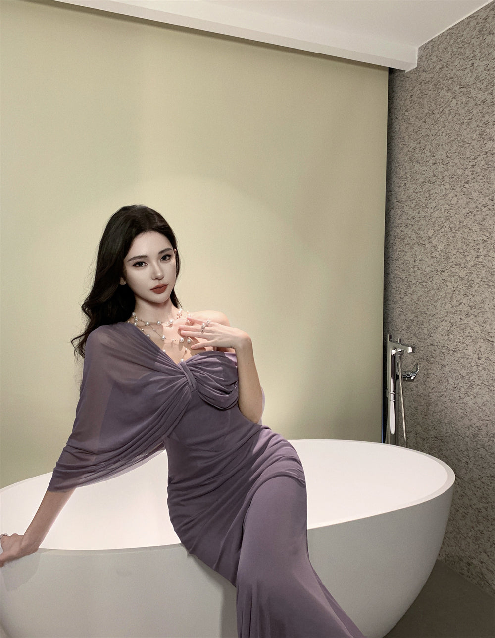 Novelty Convertible Strapless / Off - Shoulder Maxi Skirt Chic Purple Draped Front Night Parties Long Dress AP1952