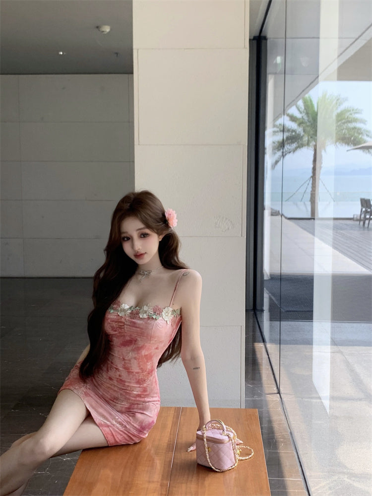 Chamring Floral Print Pink Bodycon Mini Dress French-Inspired Colorful Flowers Trimmed Short Dress AP1953