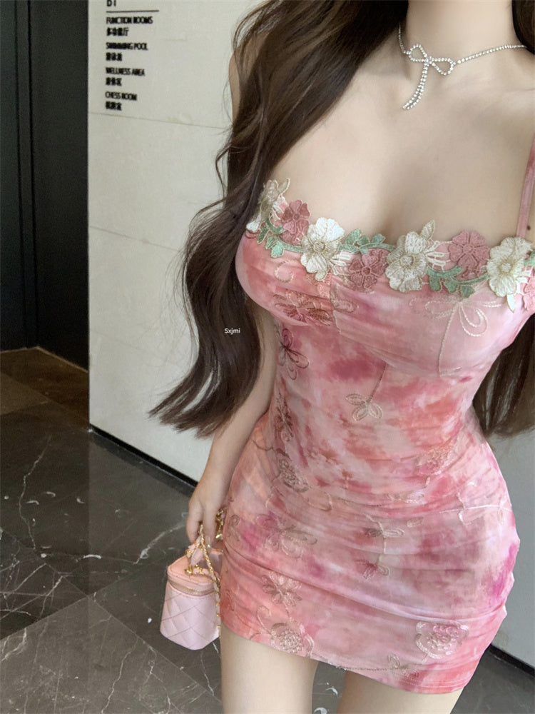 Chamring Floral Print Pink Bodycon Mini Dress French-Inspired Colorful Flowers Trimmed Short Dress AP1953