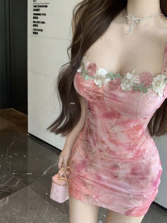 Chamring Floral Print Pink Bodycon Mini Dress French-Inspired Colorful Flowers Trimmed Short Dress AP1953