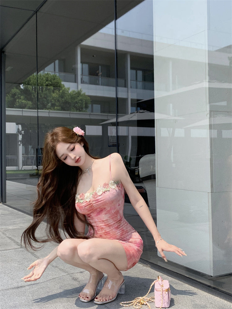 Chamring Floral Print Pink Bodycon Mini Dress French-Inspired Colorful Flowers Trimmed Short Dress AP1953