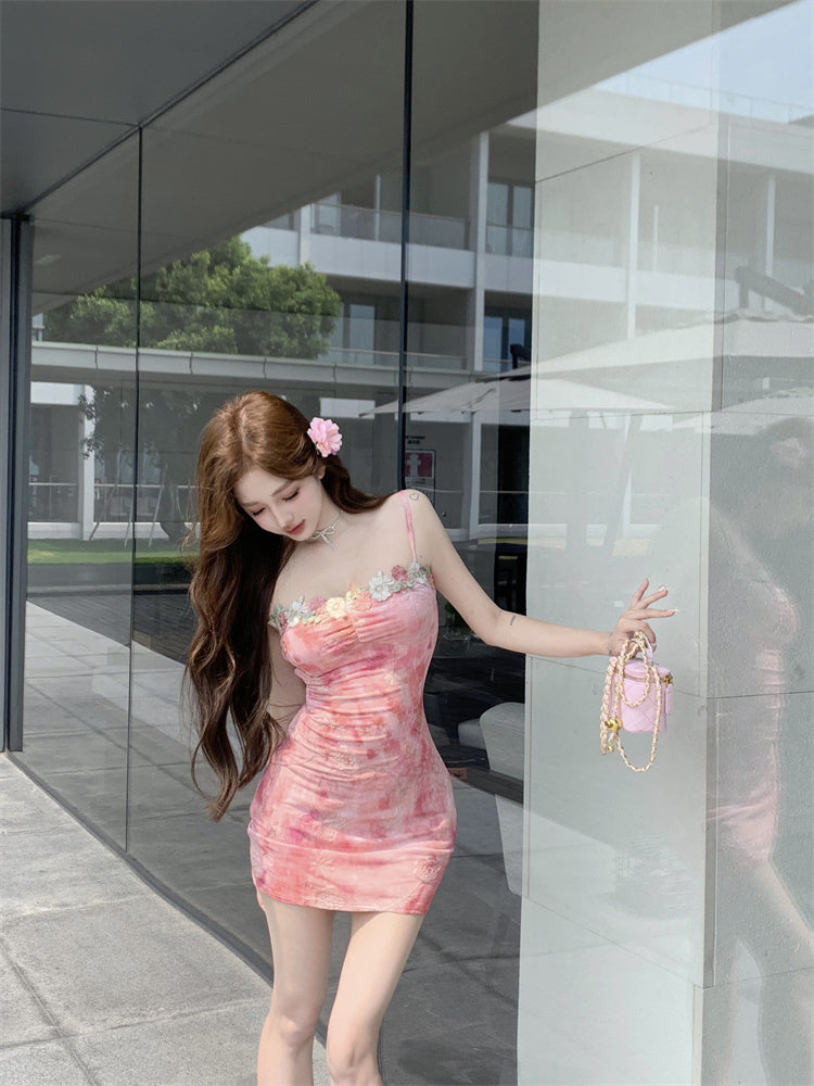 Chamring Floral Print Pink Bodycon Mini Dress French-Inspired Colorful Flowers Trimmed Short Dress AP1953