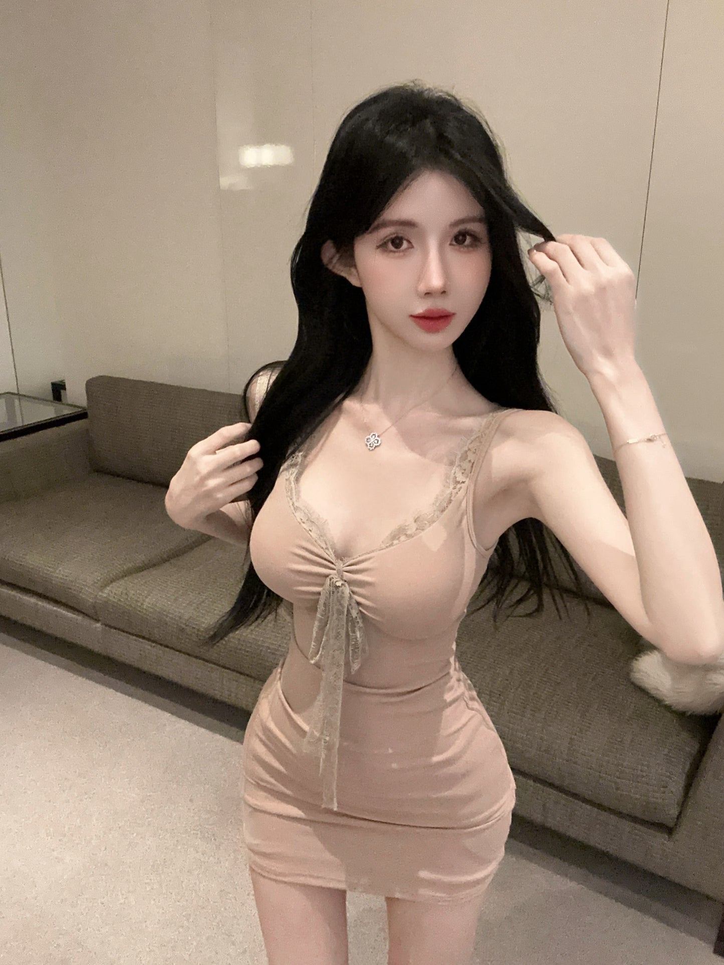 French-Inspired Nude Bodycon Spaghetti Straps Mini Dress Elegant Lace-Trimmed Neckline Front Lace Bow Accent Short Dress AP1954