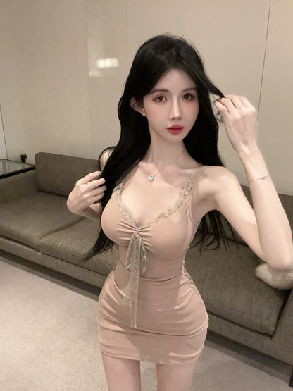 French-Inspired Nude Bodycon Spaghetti Straps Mini Dress Elegant Lace-Trimmed Neckline Front Lace Bow Accent Short Dress AP1954