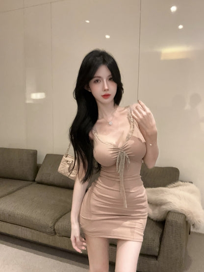 French-Inspired Nude Bodycon Spaghetti Straps Mini Dress Elegant Lace-Trimmed Neckline Front Lace Bow Accent Short Dress AP1954