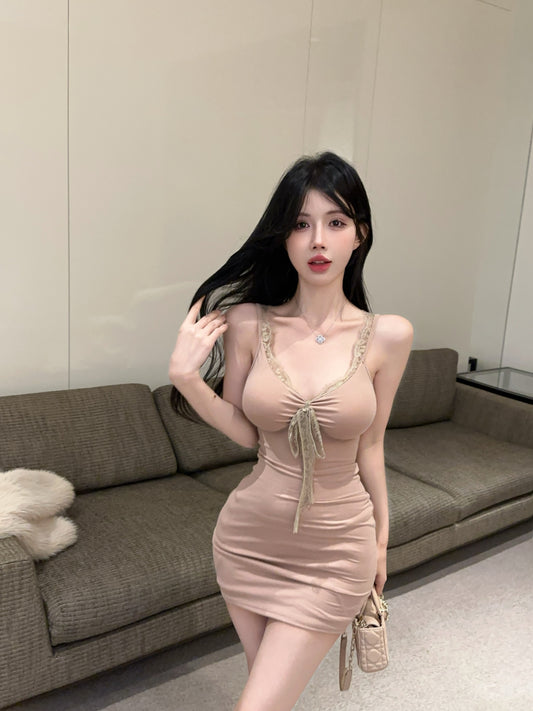French-Inspired Nude Bodycon Spaghetti Straps Mini Dress Elegant Lace-Trimmed Neckline Front Lace Bow Accent Short Dress AP1954