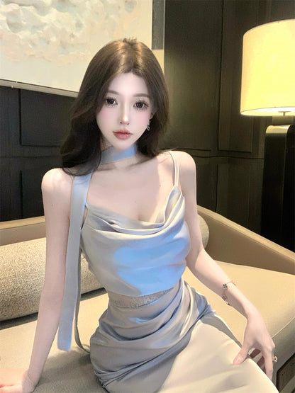 Gorgeous Silver-Blue Cowl Neck Maxi Dress Chic Side Lace Accent Sash Straps Bodycon Fit Long Dress AP1955