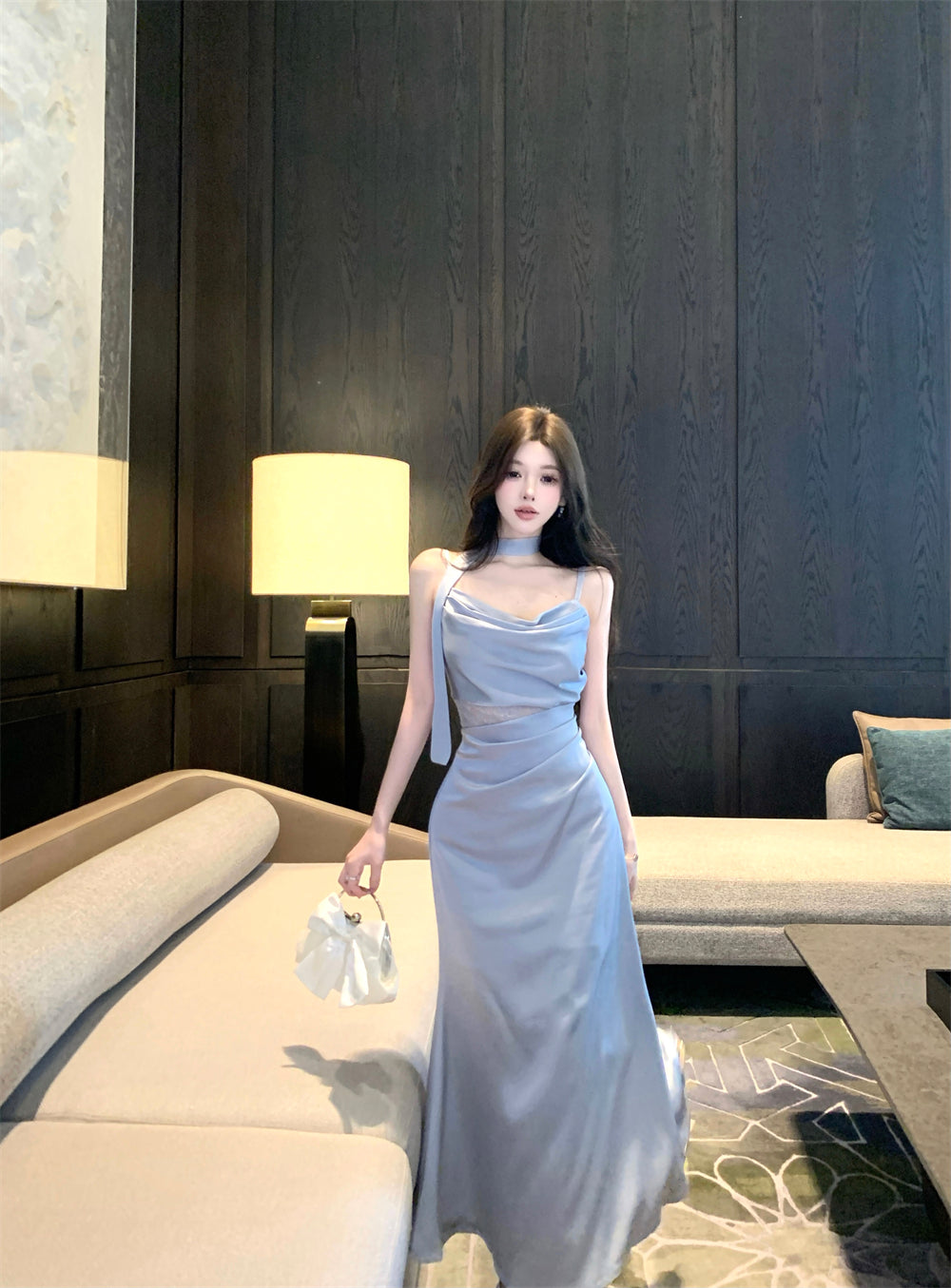 Gorgeous Silver-Blue Cowl Neck Maxi Dress Chic Side Lace Accent Sash Straps Bodycon Fit Long Dress AP1955