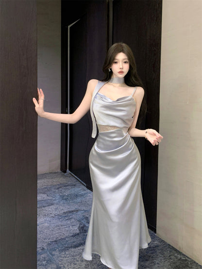 Gorgeous Silver-Blue Cowl Neck Maxi Dress Chic Side Lace Accent Sash Straps Bodycon Fit Long Dress AP1955