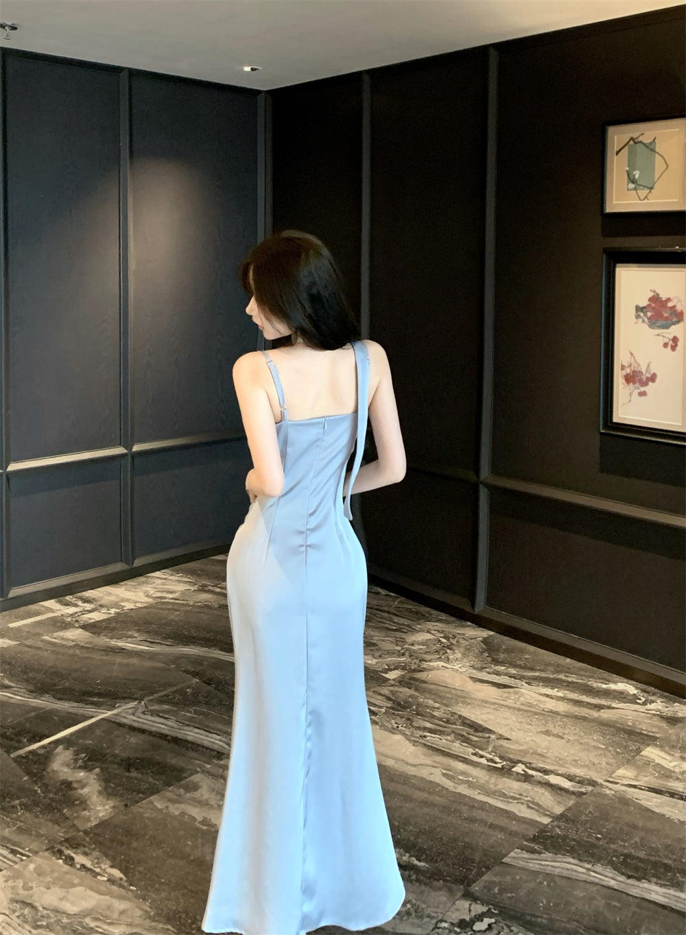 Gorgeous Silver-Blue Cowl Neck Maxi Dress Chic Side Lace Accent Sash Straps Bodycon Fit Long Dress AP1955