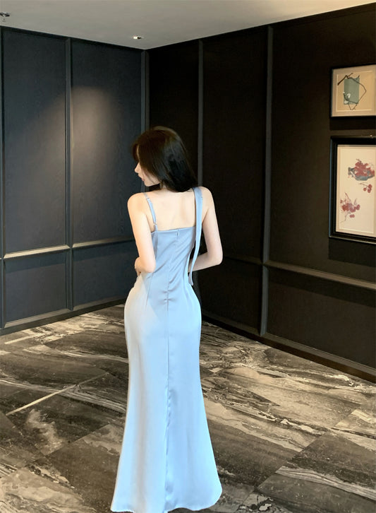 Gorgeous Silver-Blue Cowl Neck Maxi Dress Chic Side Lace Accent Sash Straps Bodycon Fit Long Dress AP1955