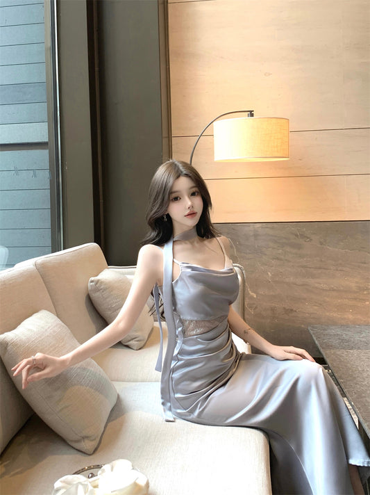 Gorgeous Silver-Blue Cowl Neck Maxi Dress Chic Side Lace Accent Sash Straps Bodycon Fit Long Dress AP1955