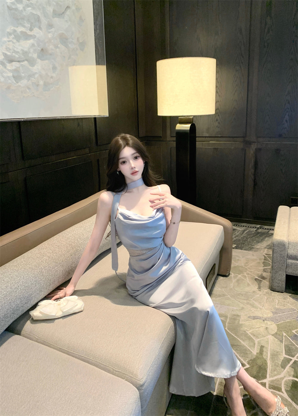 Gorgeous Silver-Blue Cowl Neck Maxi Dress Chic Side Lace Accent Sash Straps Bodycon Fit Long Dress AP1955