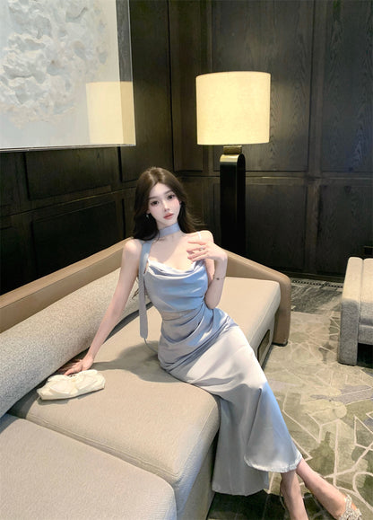 Gorgeous Silver-Blue Cowl Neck Maxi Dress Chic Side Lace Accent Sash Straps Bodycon Fit Long Dress AP1955