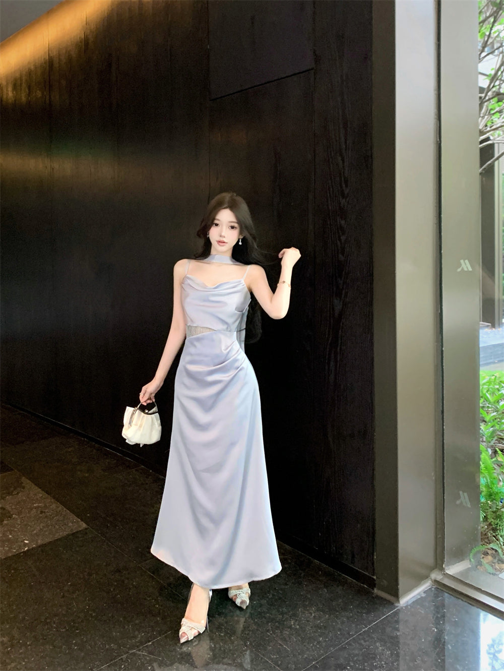 Gorgeous Silver-Blue Cowl Neck Maxi Dress Chic Side Lace Accent Sash Straps Bodycon Fit Long Dress AP1955