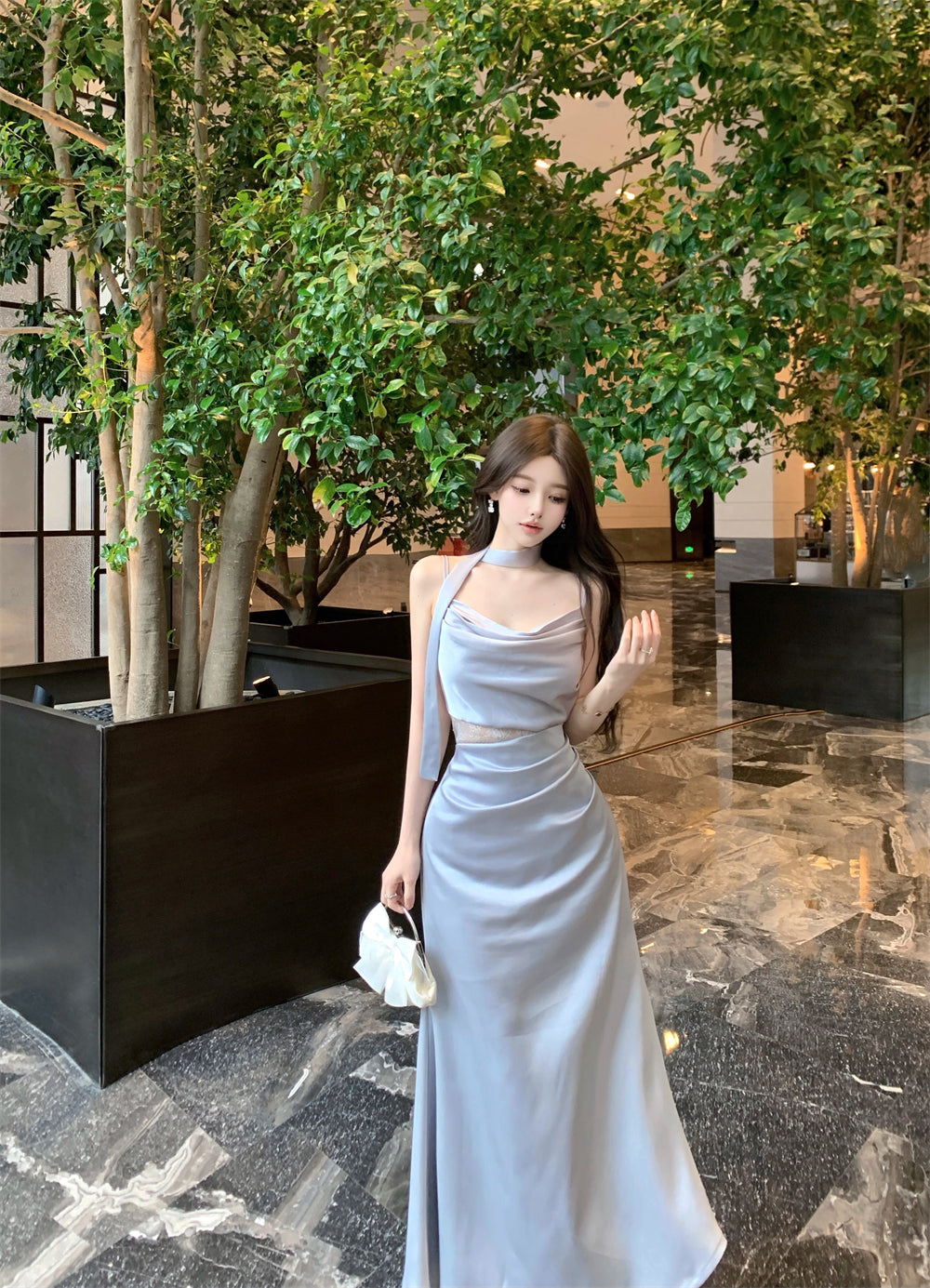 Gorgeous Silver-Blue Cowl Neck Maxi Dress Chic Side Lace Accent Sash Straps Bodycon Fit Long Dress AP1955