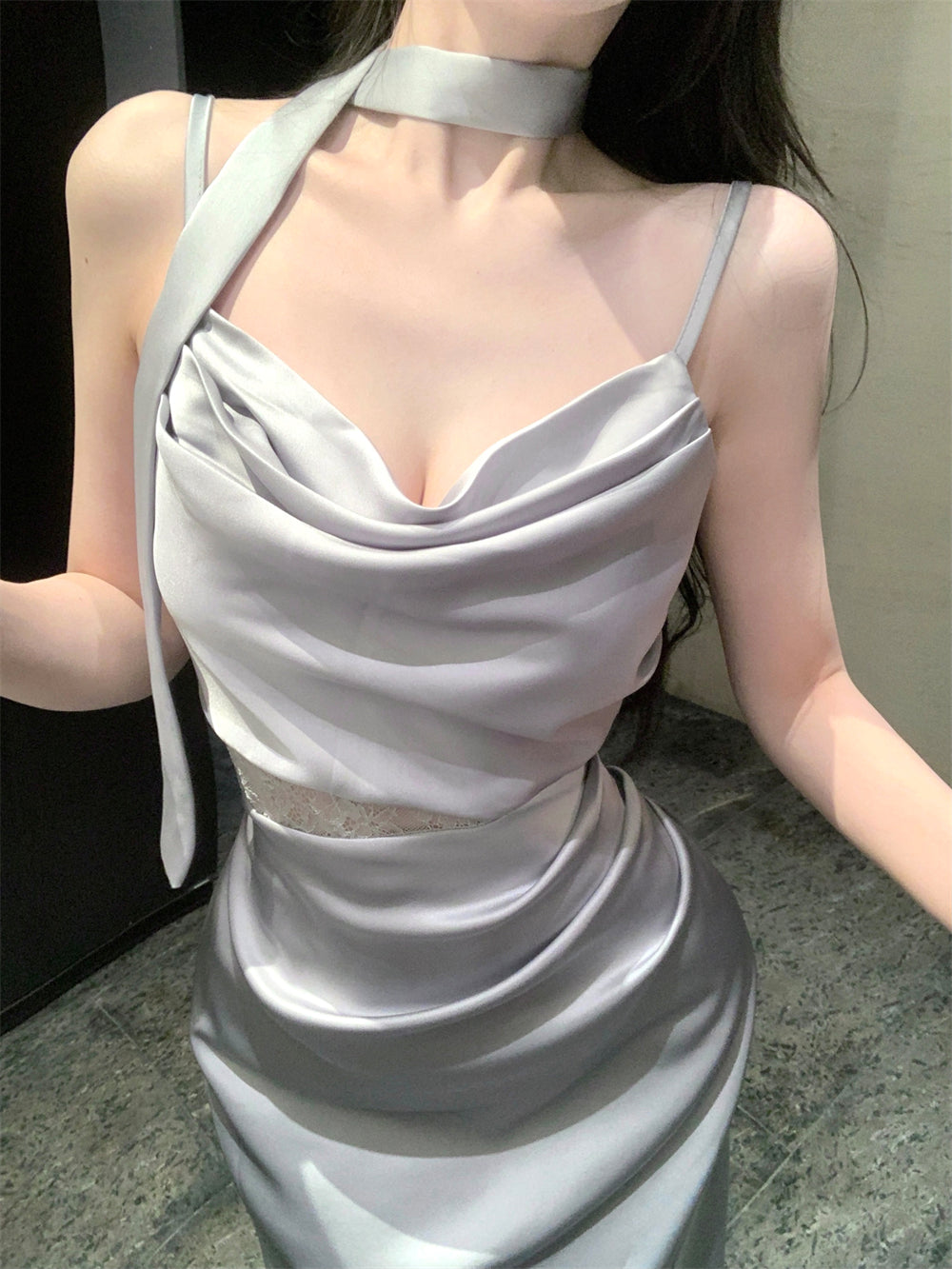 Gorgeous Silver-Blue Cowl Neck Maxi Dress Chic Side Lace Accent Sash Straps Bodycon Fit Long Dress AP1955