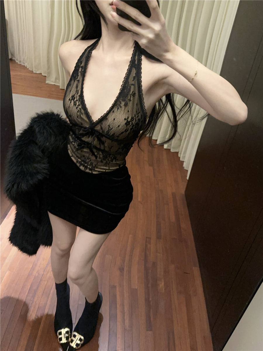 Vintage Party Nights Black Lace & Velvet Backless Mini Skirt Elegant Deep V Top Bodycon Halter Short Dress AP1957