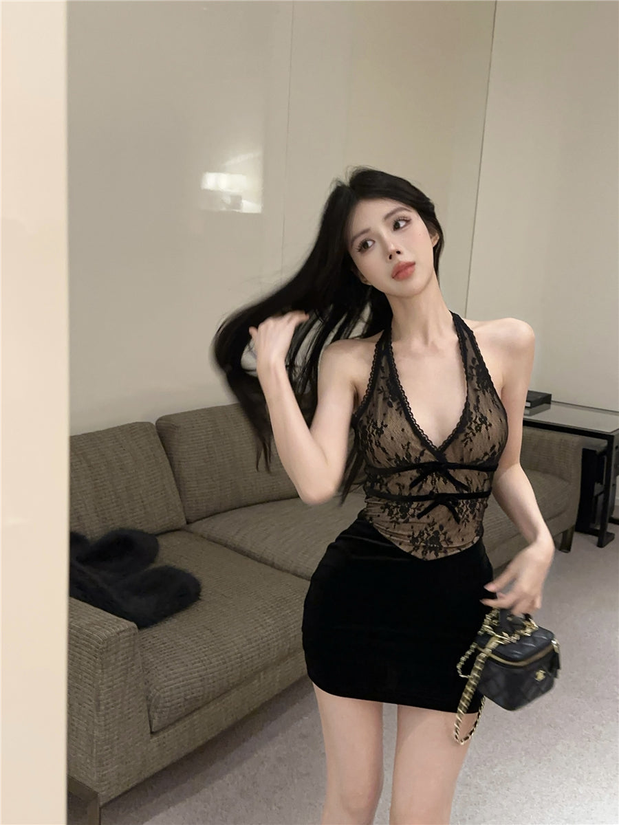 Vintage Party Nights Black Lace & Velvet Backless Mini Skirt Elegant Deep V Top Bodycon Halter Short Dress AP1957