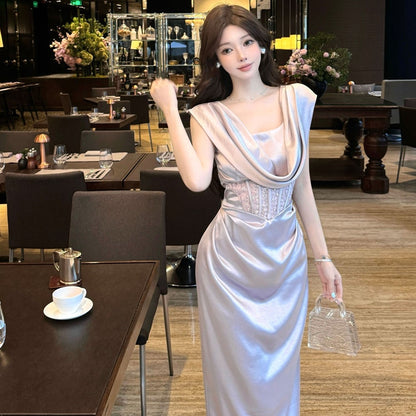 French Style Lavender Satin Cowl Neck Maxi Skirt Fashionable Sleeveless Lace Corset Waist Bodycon Long Dress AP1958