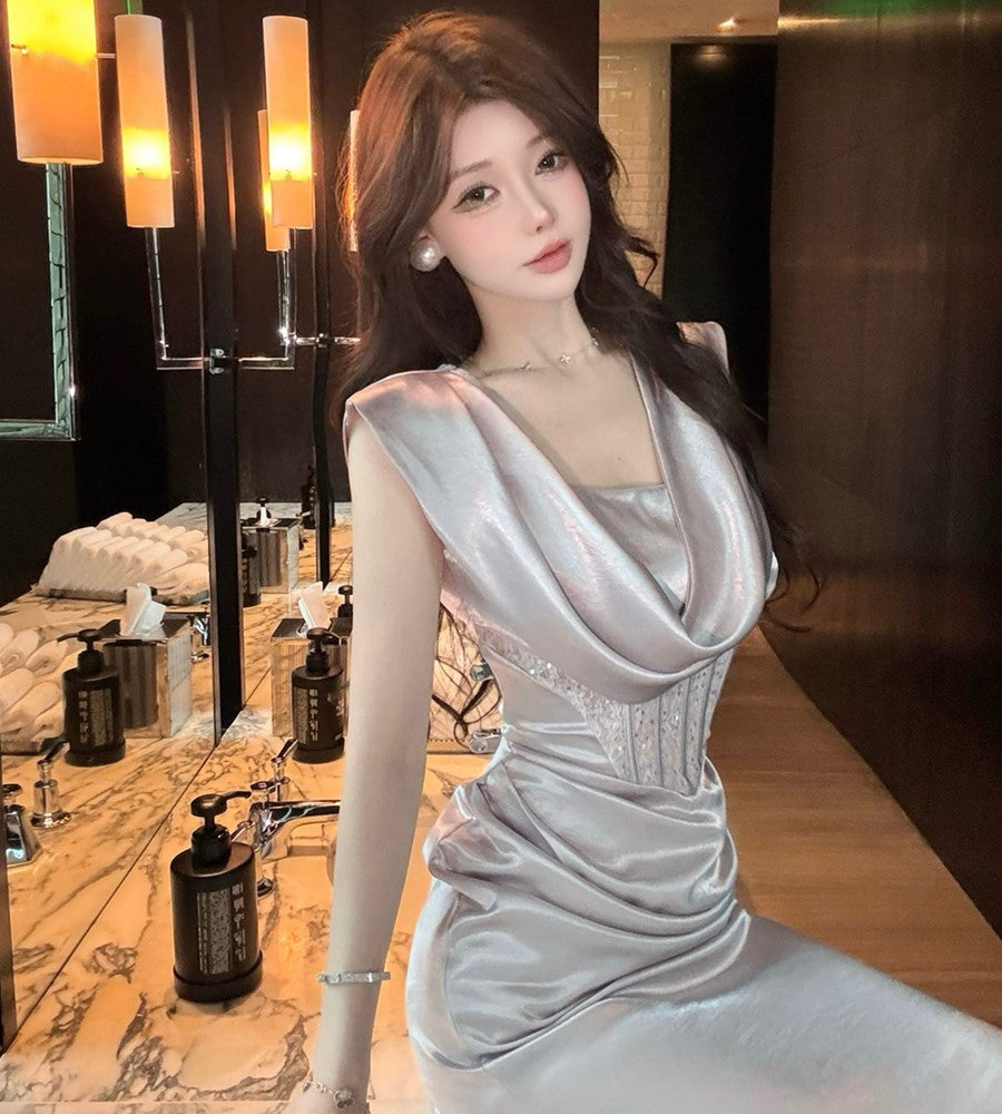 French Style Lavender Satin Cowl Neck Maxi Skirt Fashionable Sleeveless Lace Corset Waist Bodycon Long Dress AP1958