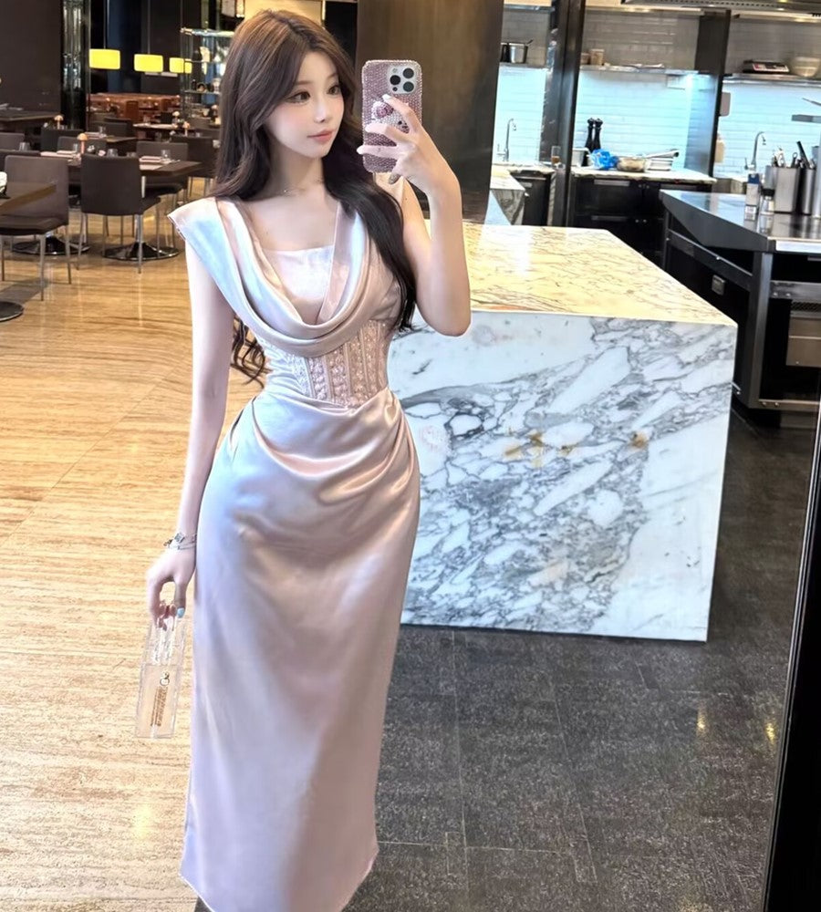 French Style Lavender Satin Cowl Neck Maxi Skirt Fashionable Sleeveless Lace Corset Waist Bodycon Long Dress AP1958