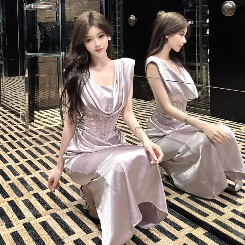 French Style Lavender Satin Cowl Neck Maxi Skirt Fashionable Sleeveless Lace Corset Waist Bodycon Long Dress AP1958