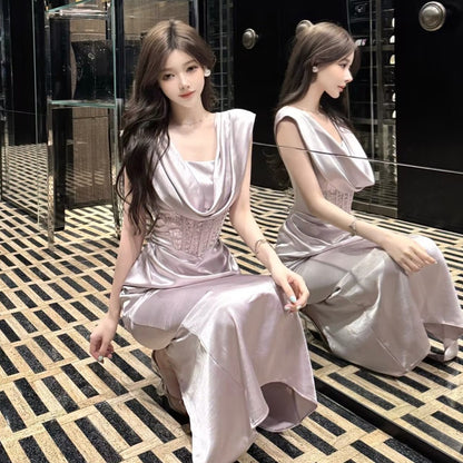 French Style Lavender Satin Cowl Neck Maxi Skirt Fashionable Sleeveless Lace Corset Waist Bodycon Long Dress AP1958