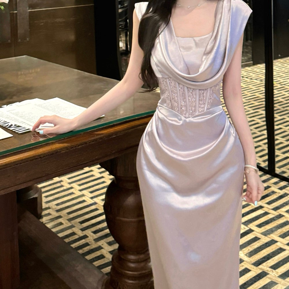 French Style Lavender Satin Cowl Neck Maxi Skirt Fashionable Sleeveless Lace Corset Waist Bodycon Long Dress AP1958